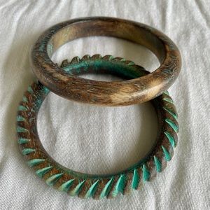 Wood Bangles (two) with green stain detail